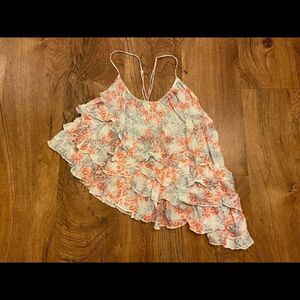 Free People asymmetrical tiered pink/white/grey tank top